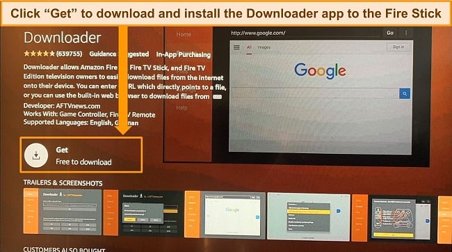 Screenshot of Downloader app on Amazon App Store with the 