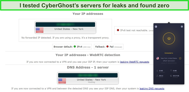 Screenshot of CyberGhost VPN connected to a US server and successfully passing an IP leak test