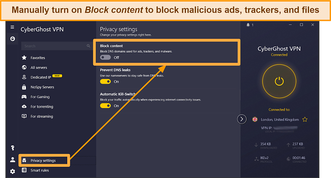 Screenshot of how to set up the CyberGhost Windows app to block ads, malware, and trackers