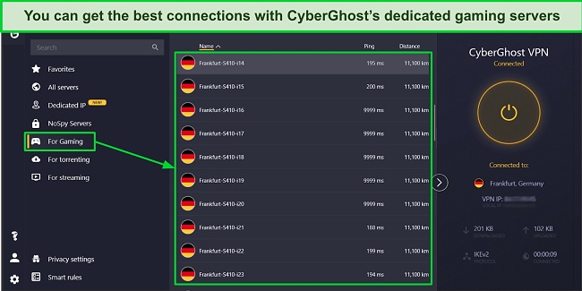 Screenshot of CyberGhost's gaming-optimized servers on the Windows app