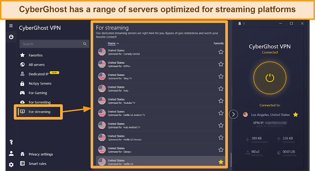 Screenshot of CyberGhost's streaming-optimized servers on the Windows app
