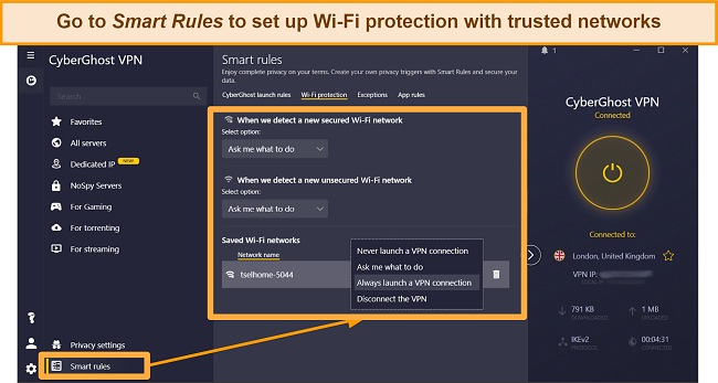 Screenshot of how to set up Wi-Fi protection on the CyberGhost Windows app