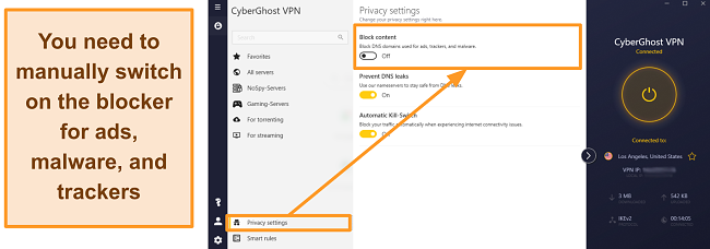 Screenshot of CyberGhost VPN connected to a US server and successfully passing an IP leak test