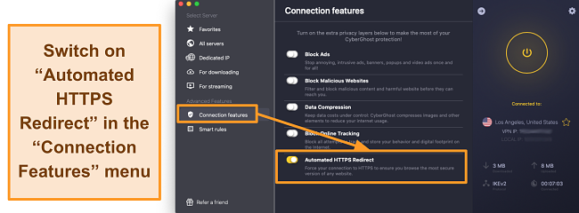 Screenshot of CyberGhost VPN's Automated HTTPS Redirect feature