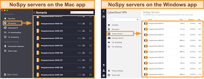 Screenshot of CyberGhost VPN's NoSpy servers on the Windows versus Mac app