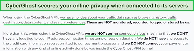 Screenshot of CyberGhost's privacy policy stating that no user data is logged or stored when connected to CyberGhost's servers.