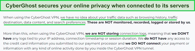 Screenshot of CyberGhost's privacy policy stating it doesn't log user data