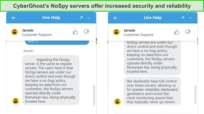 Screenshot of CyberGhost's live chat agent explaining the increased security and reliability of the NoSpy servers.