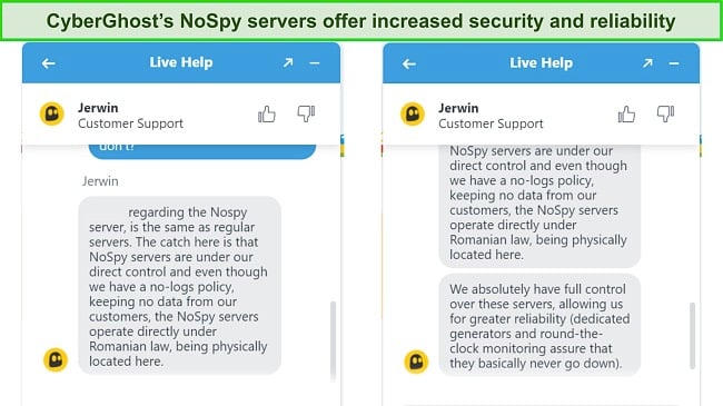 Screenshot of conversation with CyberGhost support staff confirming the security of NoSpy servers.