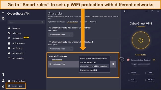 Screenshot of CyberGhost Windows app showing the WiFi protection setting in the Smart Rules option.