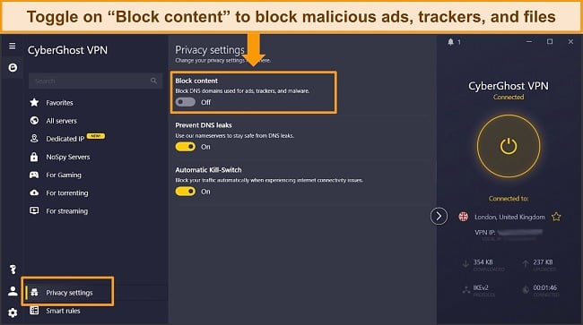 Keep CyberGhost’s malicious content block switched on for safe online poker
