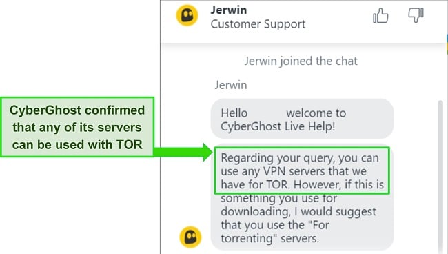 Screenshot of CyberGhost's live chat confirming its compatibility with the Tor browser.