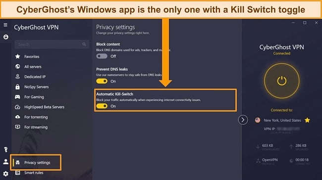 Screenshot of CyberGhost's Windows app with the Automatic Kill Switch option highlighted.