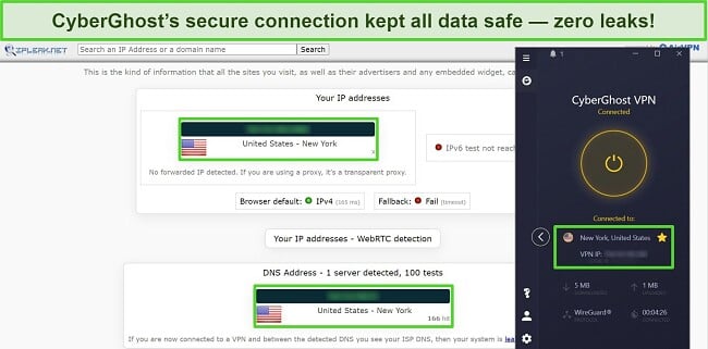 Screenshot of CyberGhost connected to a US server with the results of a leak test showing no data leaks.