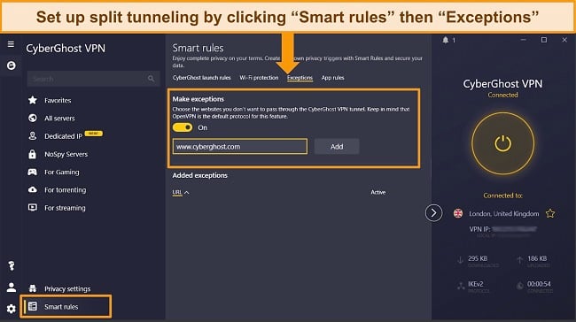 Screenshot of CyberGhost's Windows app showing how to set up Smart Rules and split tunneling.