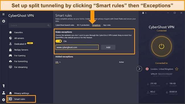 Screenshot of CyberGhost's split tunneling feature on its Windows app