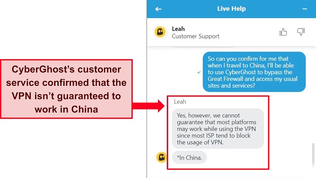 Screenshot of CyberGhost's live chat stating that the VPN isn't guaranteed to work in China.