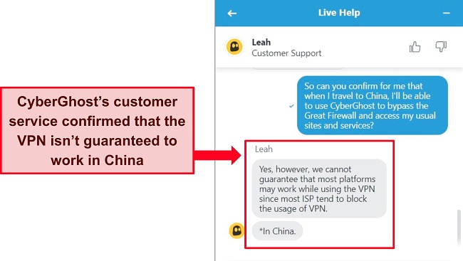 Screenshot of chat with CyberGhost's customer care agent confirming that CyberGhost isn't guaranteed to work in China.