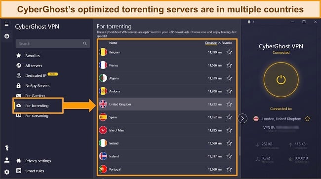 Screenshot of CyberGhost's torrent-optimized server list around the world