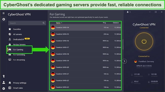 Screenshot of CyberGhost's Windows app highlighting its optimized gaming servers.
