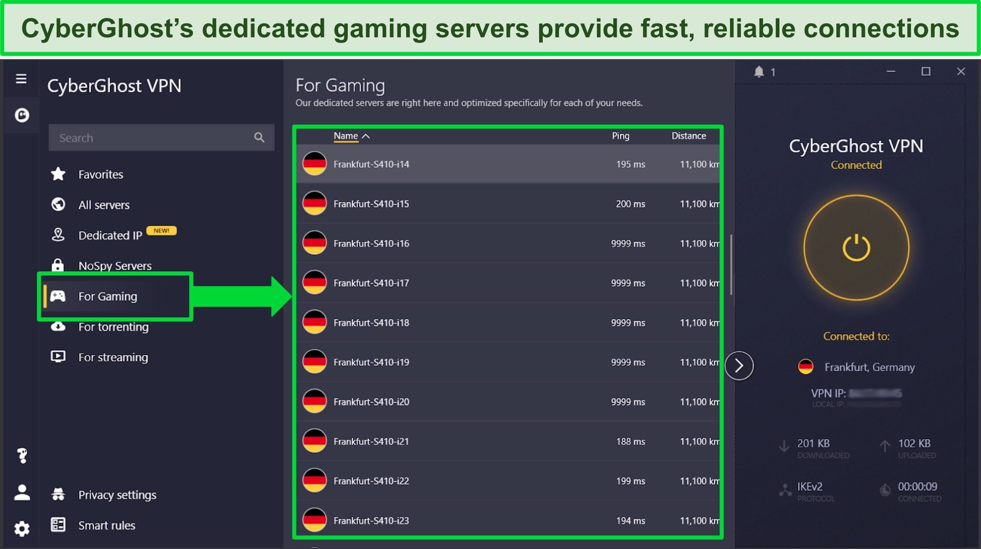 Screenshot of CyberGhost's Windows app highlighting its optimized gaming servers.