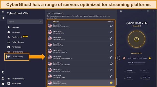 Screenshot of CyberGhost's list of streaming-optimized servers for popular platforms