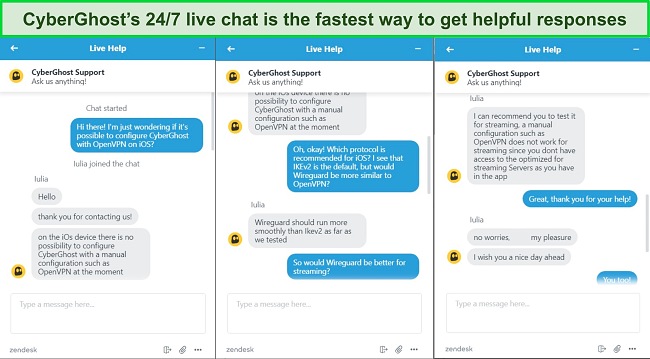 Screenshots of CyberGhost's live chat, showing a customer support agent answering a question about OpenVPN on iOS.