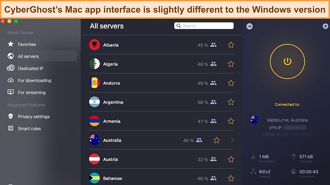 Screenshot of CyberGhost's Mac app user interface