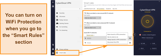 Screenshot of CyberGhost VPN's WiFi Protection feature