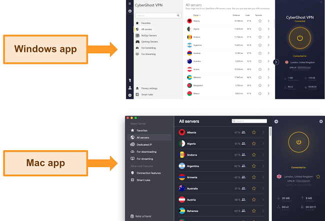 Screenshot of the CyberGhost VPN app on Windows versus Mac