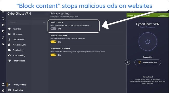 Screenshot of CyberGhost's Block Content feature in its Privacy Settings menu