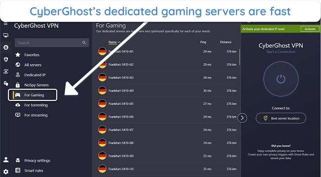 Screenshot of CyberGhost's gaming servers