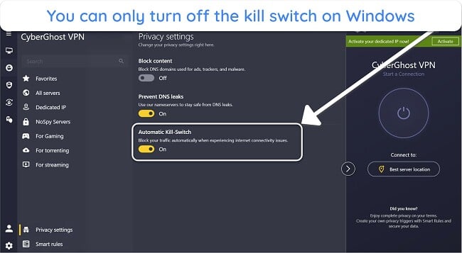Screenshot of the Automatic Kill-Switch disabling option on CyberGhost's Windows app