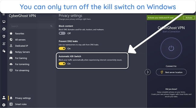 Skärmbild på alternativet att inaktivera Automatisk Kill-Switch på CyberGhosts Windows-app