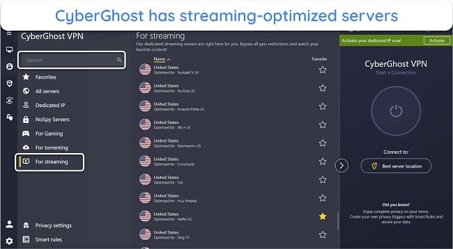 Skärmbild av CyberGhosts lista över streamingoptimerade servrar för populära plattformar