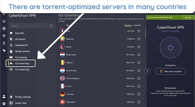 Skärmbild av CyberGhosts lista över torrent-optimerade servrar