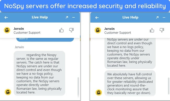 Screenshot of conversation with CyberGhost support staff confirming the security of NoSpy servers.