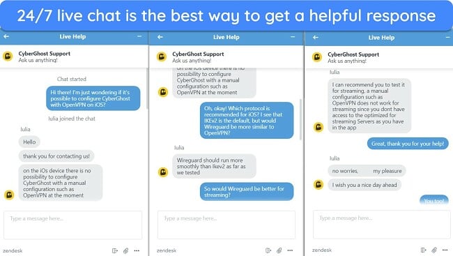 Screenshots of CyberGhost's live chat, showing a customer support agent answering a question about OpenVPN on iOS.