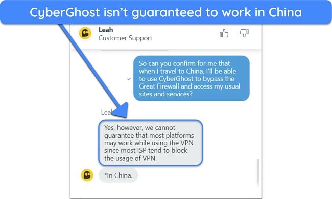 Screenshot of communication with a CyberGhost live chat agent regarding its usability in China