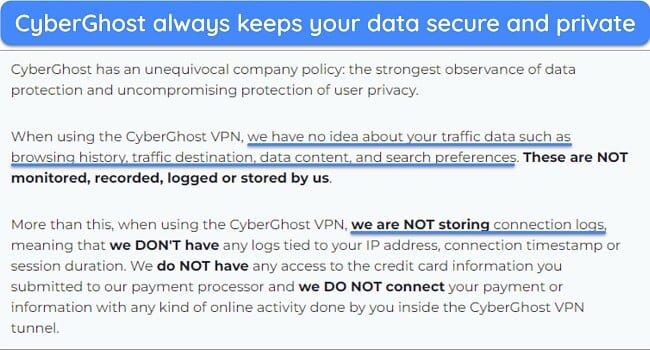 Screenshot of CyberGhost's privacy policy stating it doesn't log user data
