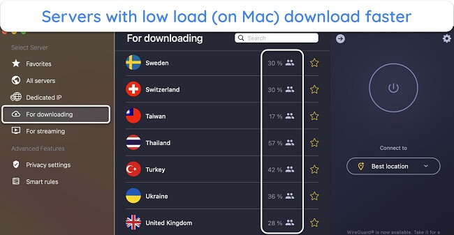 Screenshot of CyberGhost's torrent-optimized servers on its Mac app