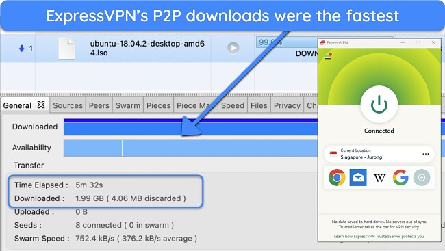 Screenshot of downloading an Ubuntu torrent using ExpressVPN's server