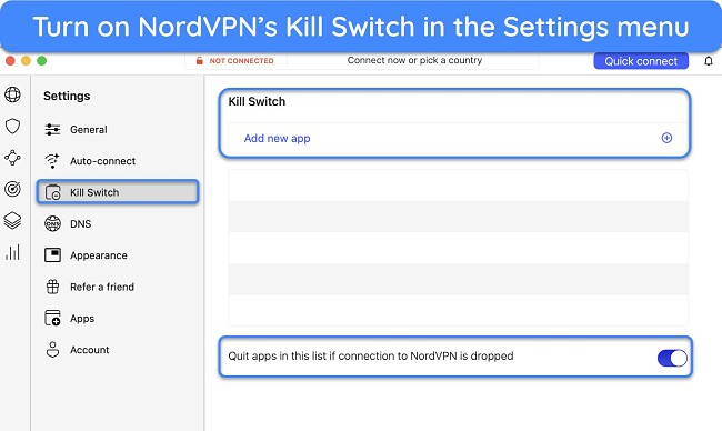 Screenshot of NordVPN's kill switch settings