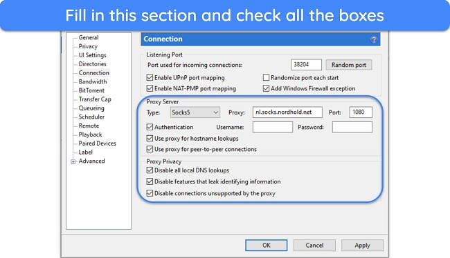 Screenshot of proxy server section on uTorrent client