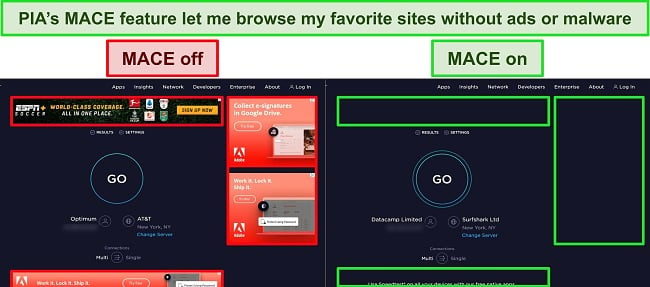 Screenshots of Ookla with PIA's MACE feature switched on and off, showing the difference in blocked ads.