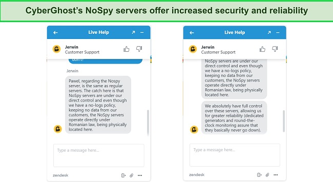Screenshot of a conversation with CyberGhost live chat regarding its NoSpy servers.