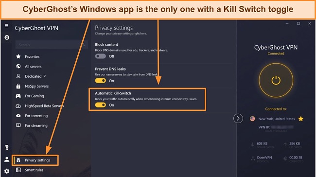Screenshot of CyberGhost's kill switch toggle in its Windows app