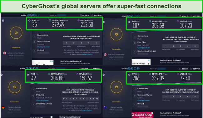 screenshot of side by side speed tests alongside the CyberGhost app connected to different servers