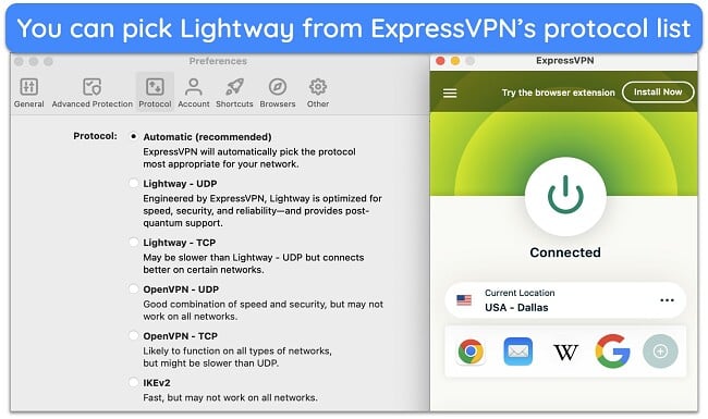 Screenshot of ExpressVPN's protocol list and the protocol set to 'Automatic'