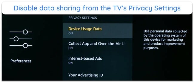 Screenshot of how to disable data sharing on a smart TV's Privacy Settings menu